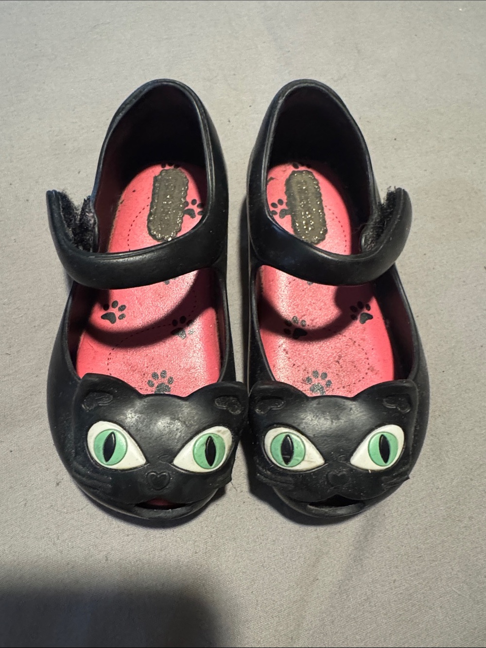 Mini Melissa Black Cat Mary Jane Shoes with Green Eyes and Pink Insole